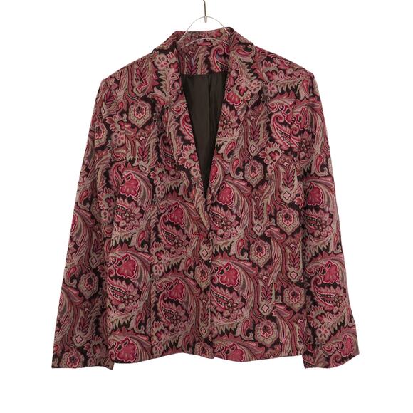 Vintage Jackets & Blazers - 1990s Covington Vintage Pink and Black Floral Paisley Blazer Size 14